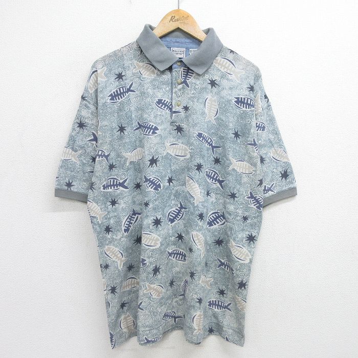 XL★古着 ビューグルボーイ 半袖 ポロ シャツ メンズ 00年代 00s 魚 総柄 鹿の子 大きいサイズ 緑系 グリーン 24jun24 中古 トップス