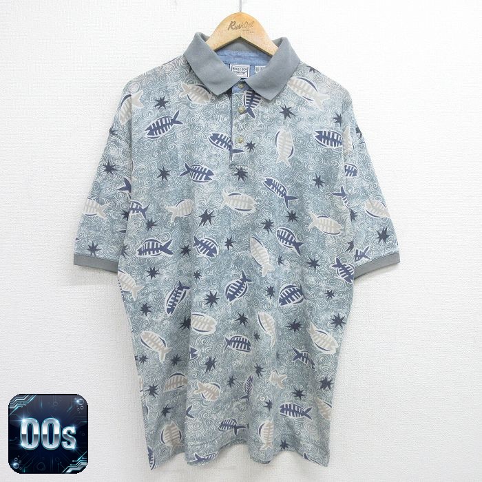 ビューグルボーイ 00s 半袖ポロシャツ 魚総柄 グリーン XL | 古着