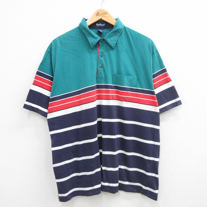 【50%OFF】XL★古着 Par Four 半袖 ポロ シャツ メンズ 90年代 90s コットン 紺他 ネイビー 24jun26 中古 トップス