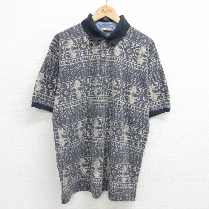 XL★古着 ビューグルボーイ 半袖 ポロ シャツ メンズ 00年代 00s 花柄 鹿の子 紺他 ネイビー 24jun28 中古 トップス
