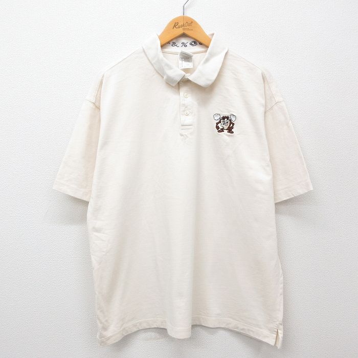 【50%OFF】XL★古着 半袖 ポロ シャツ メンズ 90年代 90s ルーニーテューンズ LOONEY TUNES タズ 大きいサイズ コットン 薄ベージュ カーキ 【spe】 24jul17 中古 トップス