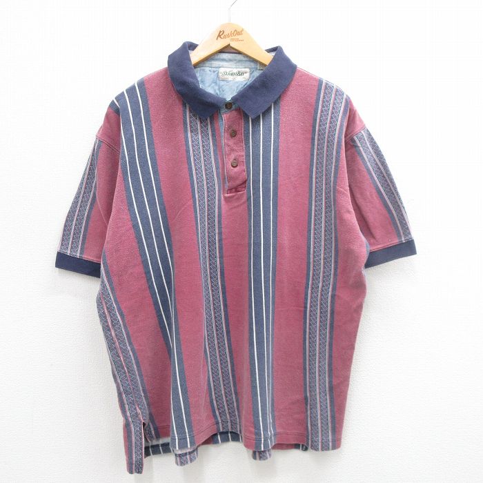 XL★古着 セントジョンズベイ 半袖 ポロ シャツ メンズ 90年代 90s 鹿の子 大きいサイズ コットン エンジ他 ストライプ 24jul31 中古 トップス