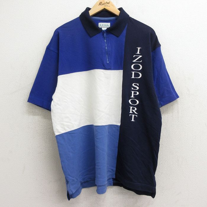 【50%OFF】IZOD 00s 半袖ハーフジップポロシャツ ビッグロゴ刺繍 ネイビー XL | 古着