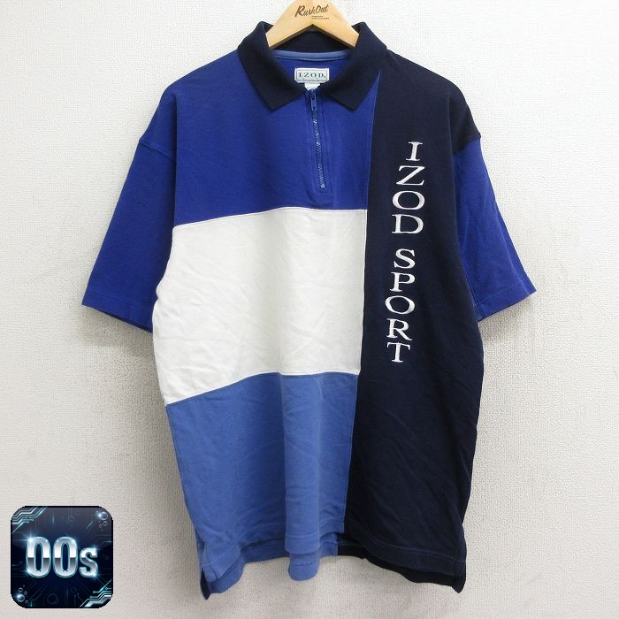 IZOD 00s 半袖ハーフジップポロシャツ ビッグロゴ刺繍 ネイビー XL | 古着