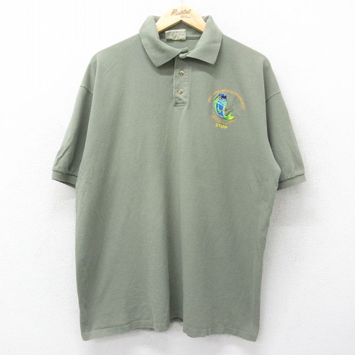 【50%OFF】XL★古着 半袖 ポロ シャツ メンズ 00年代 00s 魚 スタッフ 鹿の子 大きいサイズ コットン 緑系 グリーン 24aug07 中古 トップス