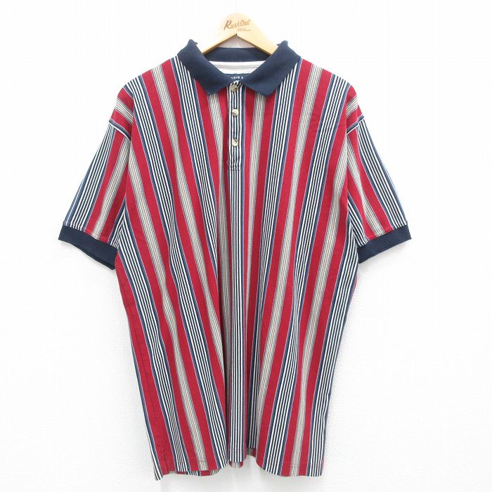 【50%OFF】XL★古着 半袖 ポロ シャツ メンズ 鹿の子 大きいサイズ 赤 レッド ストライプ 24aug10 中古 トップス
