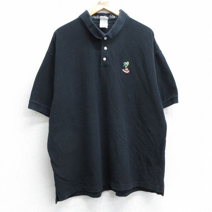 【50%OFF】XL★古着 半袖 ポロ シャツ メンズ 90年代 90s ルーニーテューンズ LOONEY TUNES マービンザマーシャン 大きいサイズ コットン 鹿の子 黒 ブラック 【spe】 25mar31 中古 トップス