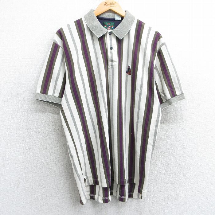 XL★古着 IZOD 半袖 ポロ シャツ メンズ 90年代 90s ワンポイントロゴ コットン 鹿の子 白他 ホワイト ストライプ 25mar31 中古 トップス