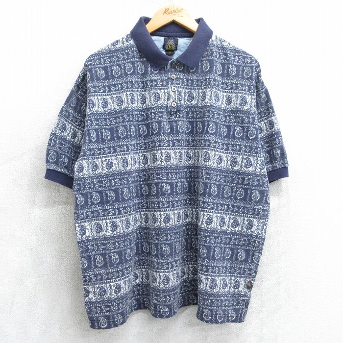 XL★古着 半袖 ポロ シャツ メンズ 00年代 00s 総柄 大きいサイズ コットン 鹿の子 紺他 ネイビー 25mar31 中古 トップス