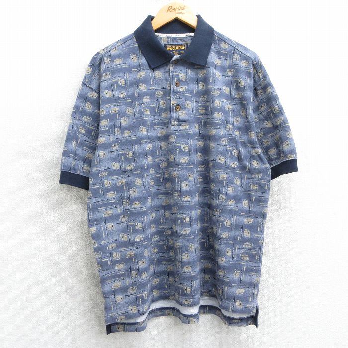 【50%OFF】XL★古着 ウールリッチ WOOLRICH 半袖 ポロ シャツ メンズ 総柄 コットン 鹿の子 薄紺他 ネイビー 25mar31 中古 トップス