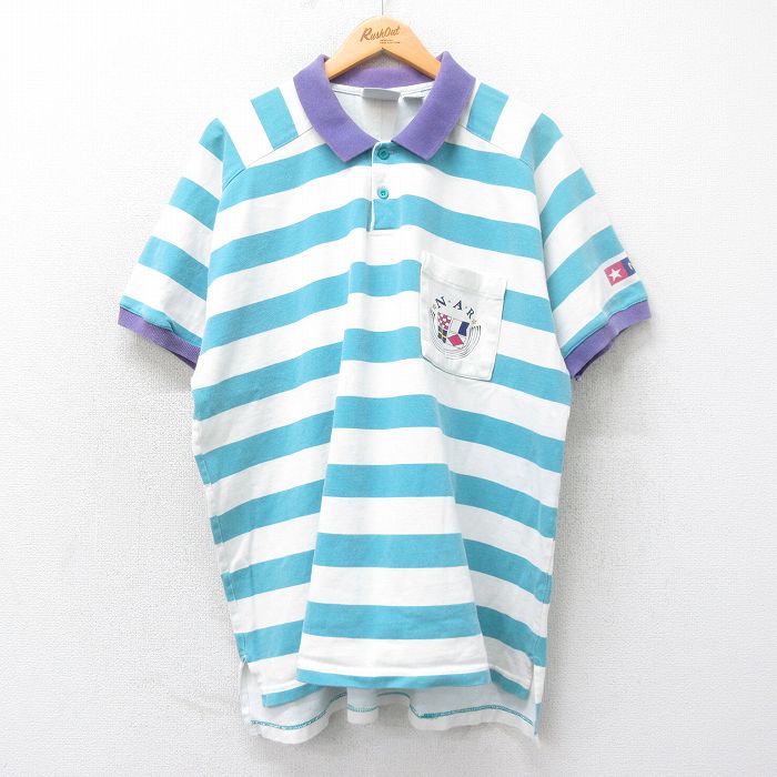 XL★古着 バンヒューセン 半袖 ポロ シャツ メンズ 90年代 90s NAR 大きいサイズ コットン 水色他 ボーダー 25apr14 中古 トップス
