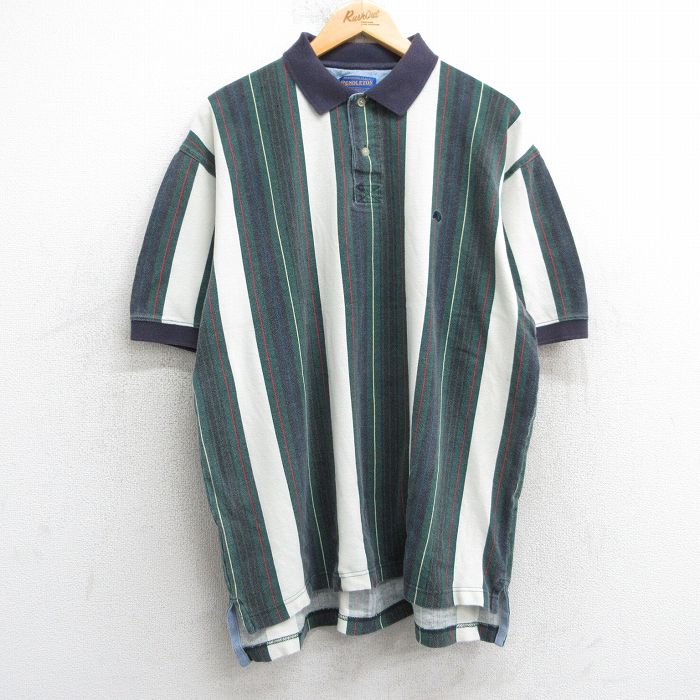 XL★古着 ペンドルトン PENDLETON 半袖 ポロ シャツ メンズ ワンポイントロゴ 大きいサイズ 鹿の子 カナダ製 緑他 グリーン ストライプ 25apr17 中古 トップス