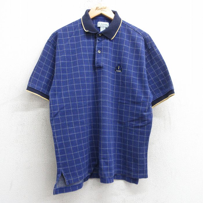 【50%OFF】XL★古着 IZOD 半袖 ポロ シャツ メンズ 90年代 90s ワンポイントロゴ コットン 青他 ブルー チェック 25apr17 中古 トップス