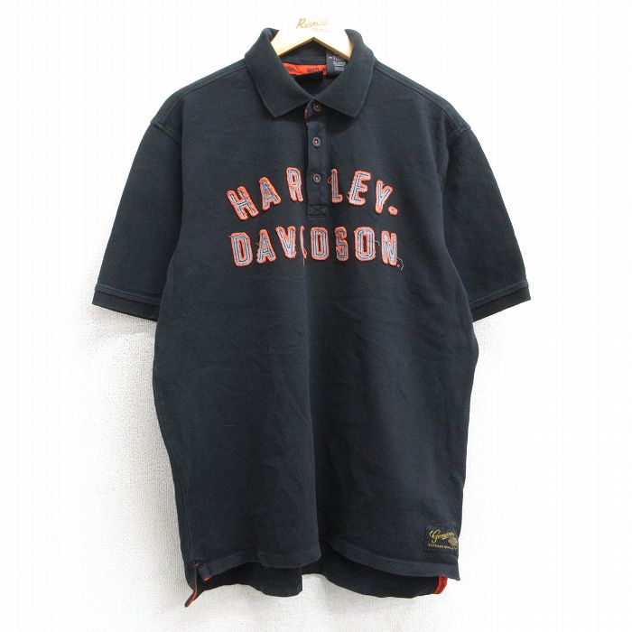XL★古着 ハーレーダビッドソン Harley Davidson 半袖 ポロ シャツ メンズ ビッグロゴ 鹿の子 コットン 黒 ブラック 【spe】 25apr17 中古 トップス