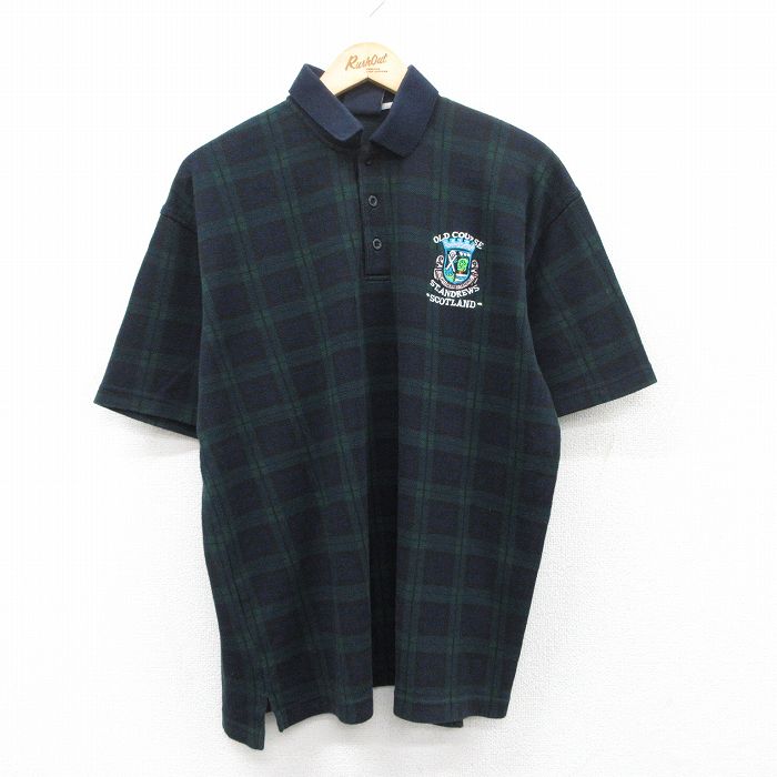 XL★古着 半袖 ポロ シャツ メンズ OLD COURSE 緑他 グリーン チェック 25apr26 中古 トップス
