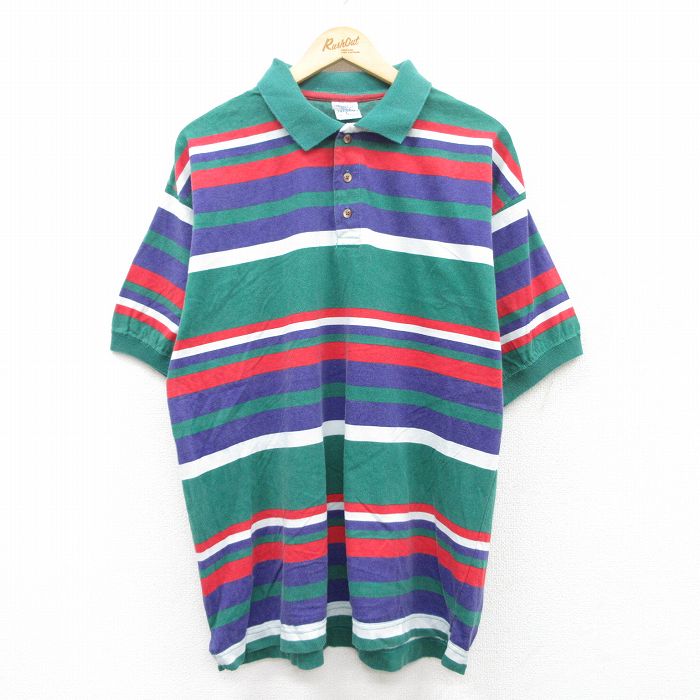 XL★古着 半袖 ポロ シャツ メンズ 00年代 00s 大きいサイズ コットン 緑他 グリーン ボーダー 25apr26 中古 トップス