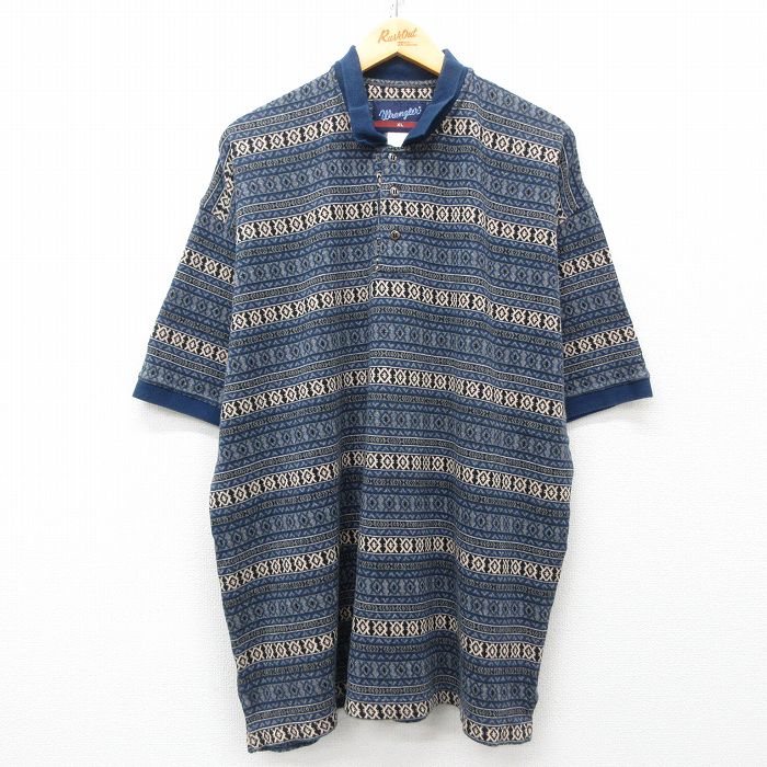 XL★古着 ラングラー Wrangler 半袖 ポロ シャツ メンズ フェアアイル 大きいサイズ 紺他 ネイビー 【spe】 25may16 中古 トップス
