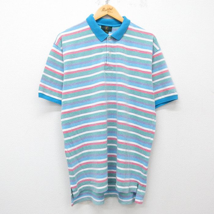 XL★古着 半袖 ポロ シャツ メンズ 00年代 00s コットン 紺他 ネイビー ボーダー 25may16 中古 トップス