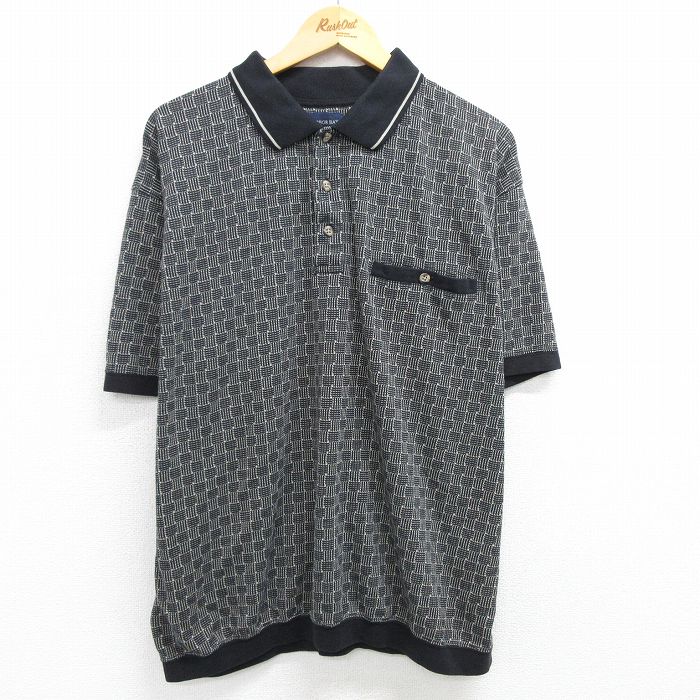 XL★古着 半袖 ポロ シャツ メンズ 総柄 大きいサイズ 黒他 ブラック 25may17 中古 トップス