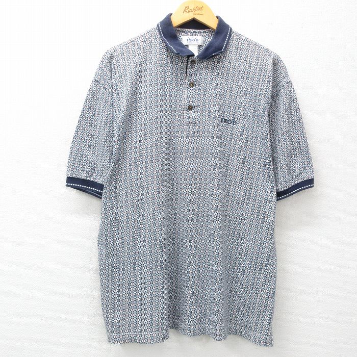 XL★古着 IZOD 半袖 ポロ シャツ メンズ 総柄 コットン 濃紺他 ネイビー 25may20 中古 トップス