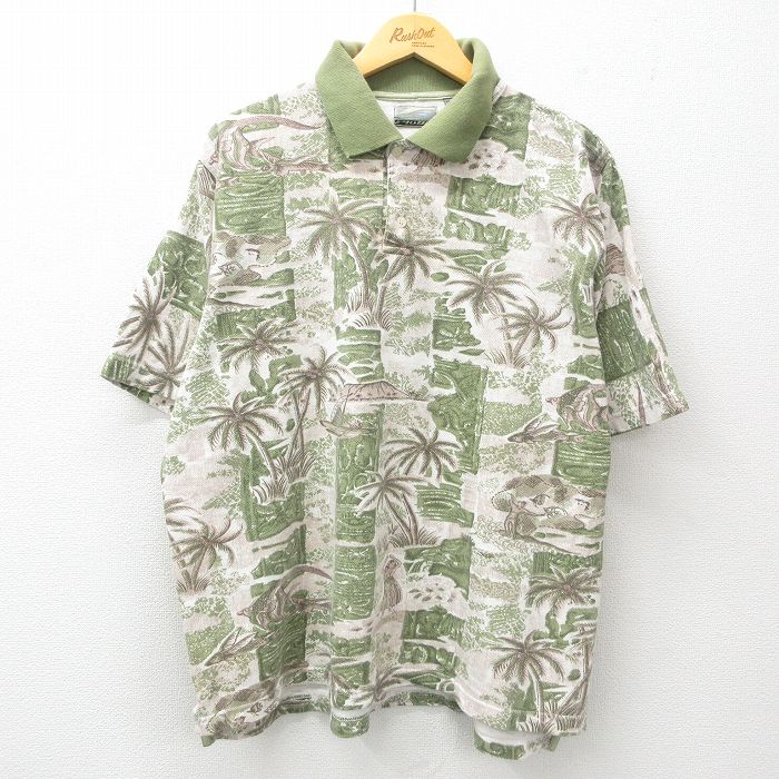 【50%OFF】XL★古着 半袖 ポロ シャツ メンズ 00年代 00s ヤシの木 魚 鹿の子 コットン 薄緑他 グリーン 25may20 中古 トップス