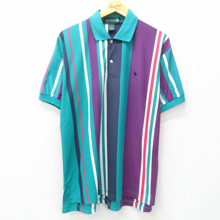 【50%OFF】XL★古着 半袖 ポロ シャツ メンズ 90年代 90s 青緑他 ストライプ 25may20 中古 トップス