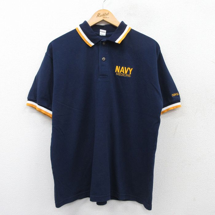 XL★古着 半袖 ポロ シャツ メンズ 90年代 90s ミリタリー ネイビー 鹿の子 コットン USA製 濃紺 25may20 中古 トップス