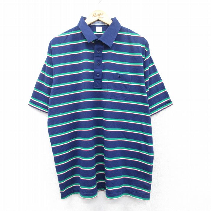 XL★古着 半袖 ポロ シャツ メンズ 大きいサイズ 濃紺他 ネイビー ストライプ 25may20 中古 トップス