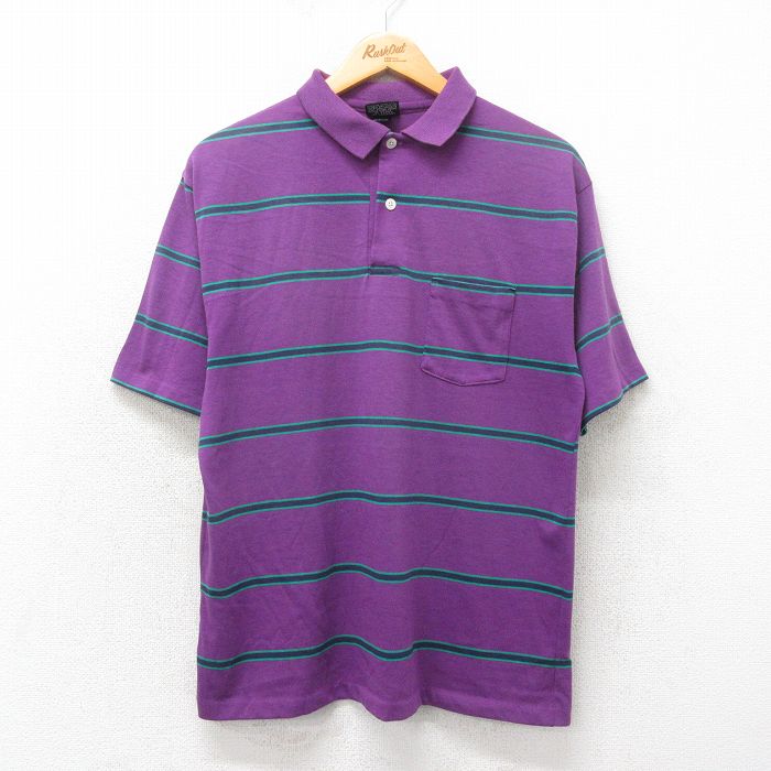L★古着 半袖 ポロ シャツ メンズ 90年代 90s USA製 紫他 パープル ボーダー 25may22 中古 トップス
