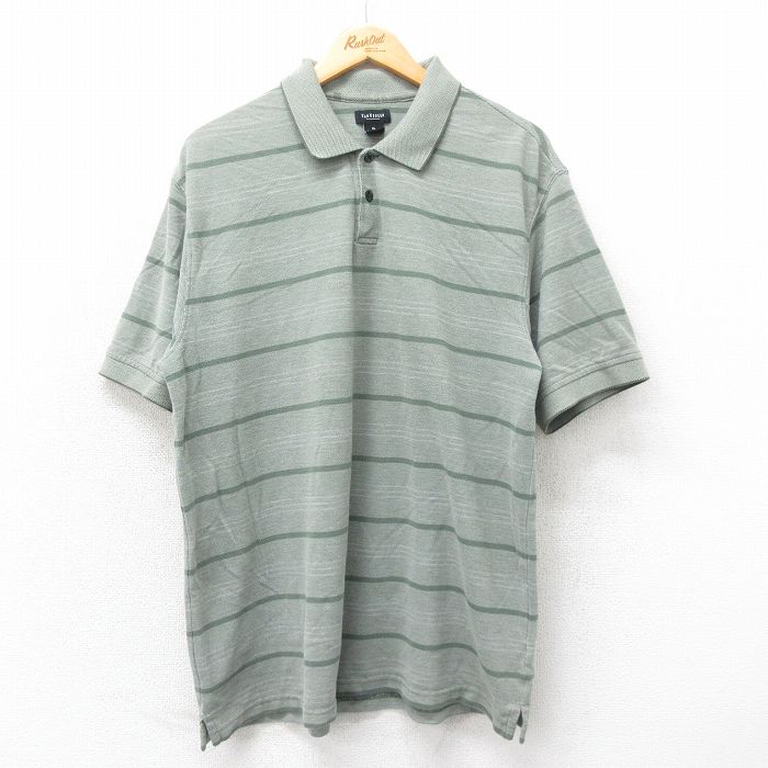 XL★古着 バンヒューセン 半袖 ポロ シャツ メンズ 鹿の子 緑 グリーン 霜降り他 ボーダー 25may22 中古 トップス