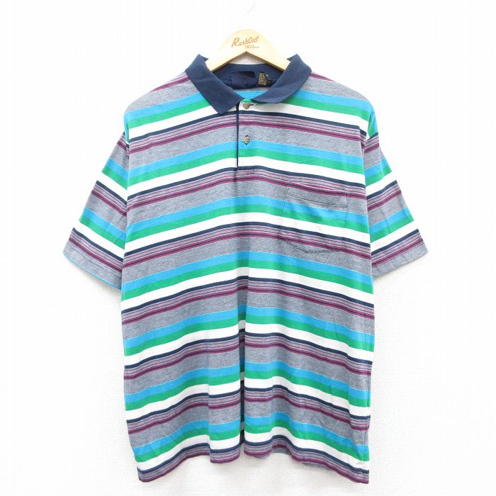 XL★古着 半袖 ポロ シャツ メンズ 大きいサイズ 紺他 ネイビー ボーダー 【spe】 25may23 中古 トップス