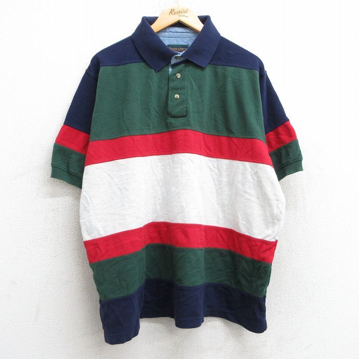 XL★古着 半袖 ポロ シャツ メンズ 90年代 90s マルチカラー 大きいサイズ コットン 鹿の子 緑他 グリーン 25may28 中古 トップス