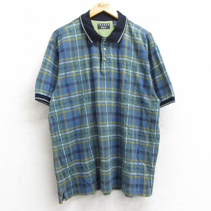 XL★古着 半袖 ポロ シャツ メンズ 90年代 90s 大きいサイズ コットン 紺他 ネイビー チェック 25may28 中古 トップス