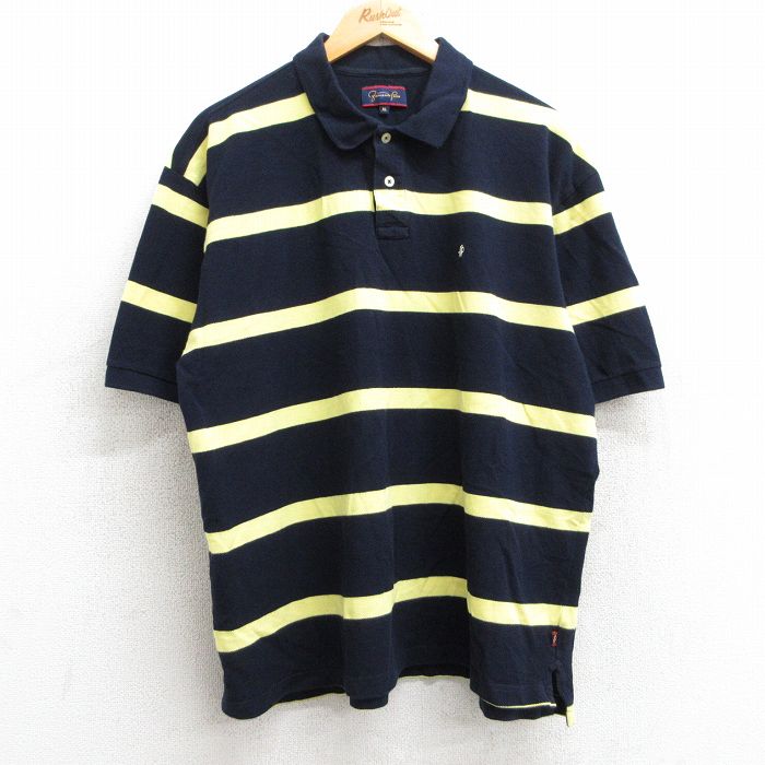 XL★古着 半袖 ポロ シャツ メンズ 00年代 00s ワンポイントロゴ 大きいサイズ コットン 鹿の子 濃紺他 ネイビー ボーダー 25may28 中古 トップス