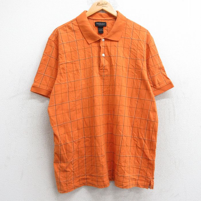 XL★古着 バンヒューセン 半袖 ポロ シャツ メンズ コットン オレンジ他 チェック 25may28 中古 トップス