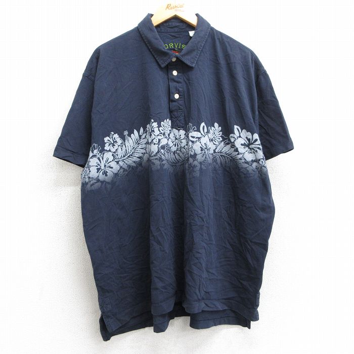 オービス 半袖ポロシャツ ハイビスカス ネイビー XL | 古着
