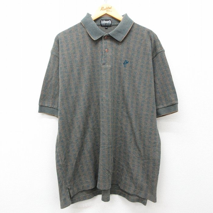 XL★古着 半袖 ポロ シャツ メンズ 90年代 90s 総柄 大きいサイズ コットン USA製 緑他 グリーン 25may29 中古 トップス