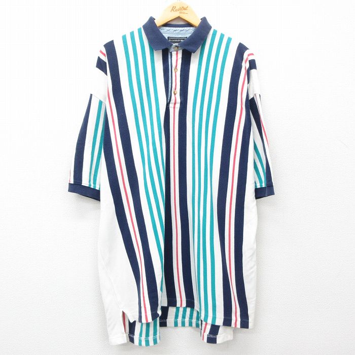 XL★古着 半袖 ポロ シャツ メンズ 90年代 90s 鹿の子 大きいサイズ コットン 紺他 ネイビー ストライプ 25may29 中古 トップス