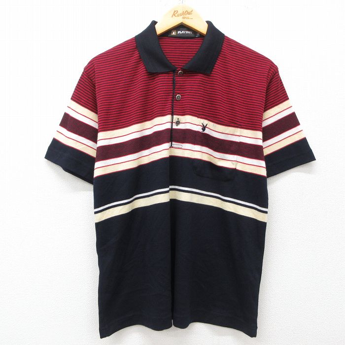 L★古着 プレイボーイ PLAY BOY 半袖 ポロ シャツ メンズ 00年代 00s ワンポイントロゴ 濃紺他 ネイビー 25may29 中古 トップス