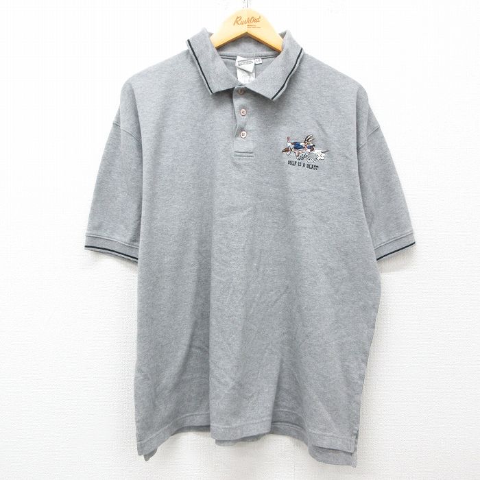 XL★古着 半袖 ポロ シャツ メンズ ルーニーテューンズ LOONEY TUNES ワイリーコヨーテ ゴルフ 大きいサイズ コットン グレー 霜降り 【spe】 25may29 中古 トップス