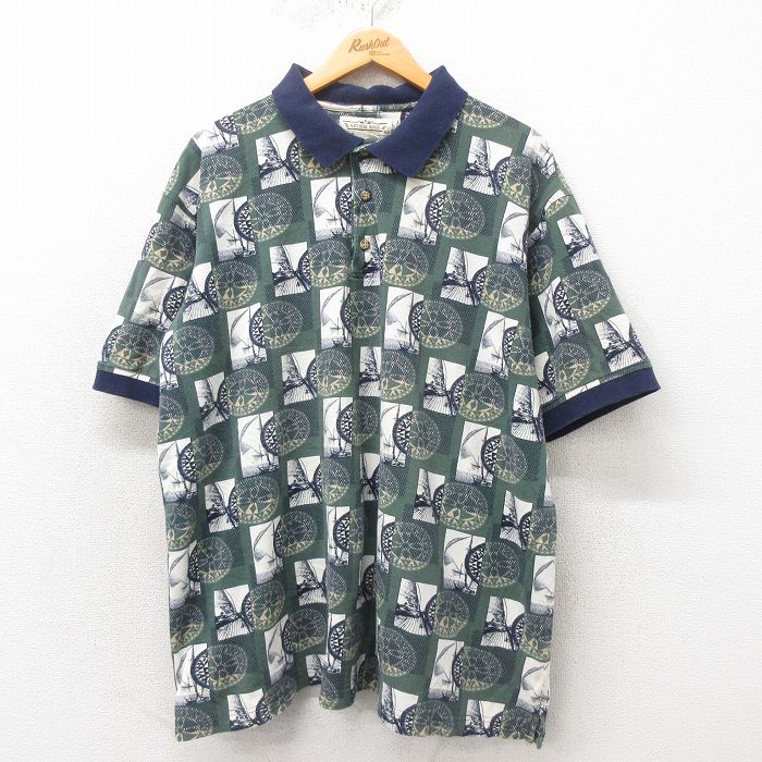 XL★古着 半袖 ポロ シャツ メンズ 00年代 00s 総柄 鹿の子 大きいサイズ コットン 緑 グリーン 25may31 中古 トップス