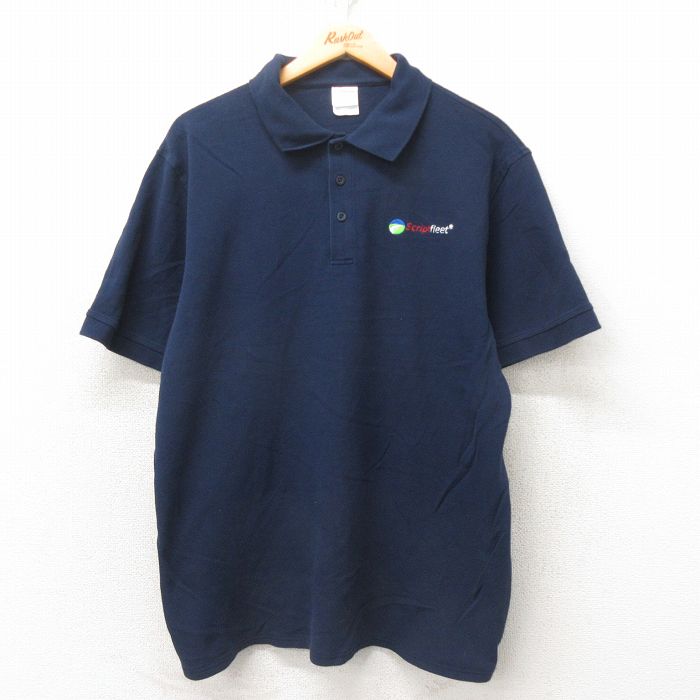 XL★古着 半袖 ポロ シャツ メンズ Script 鹿の子 コットン 紺 ネイビー 25may31 中古 トップス