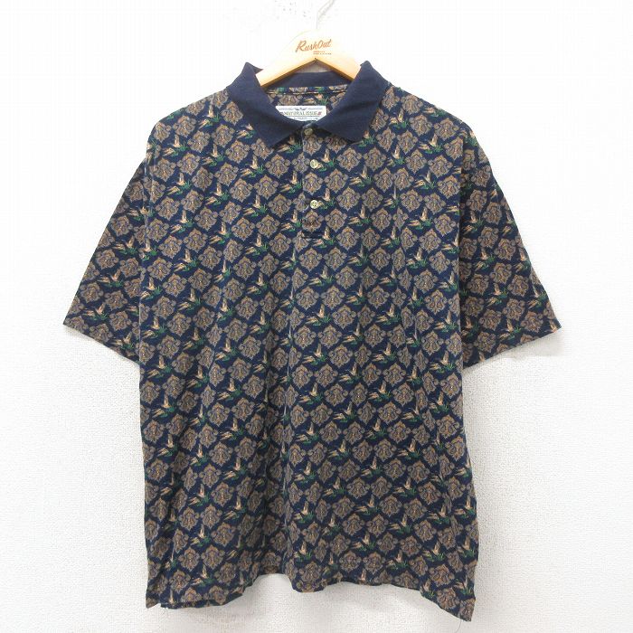 XL★古着 半袖 ポロ シャツ メンズ 00年代 00s 鳥 コットン 紺 ネイビー 25may31 中古 トップス