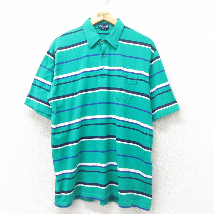 XL★古着 Par Four 半袖 ポロ シャツ メンズ 90年代 90s コットン 緑 グリーン ボーダー 25may31 中古 トップス