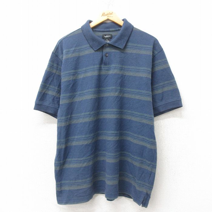 XL★古着 バンヒューセン 半袖 ポロ シャツ メンズ 鹿の子 紺 ネイビー ボーダー 25jun02 中古 トップス