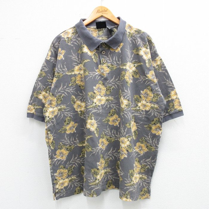 XL★古着 オーシャンパシフィック OP 半袖 ポロ シャツ メンズ ハイビスカス 総柄 大きいサイズ コットン グレー他 25jun04 中古 トップス