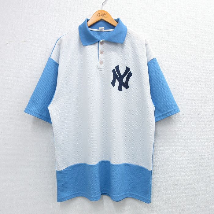 XL★古着 半袖 ポロ シャツ メンズ 90年代 90s MLB ニューヨークヤンキース ツートンカラー 鹿の子 USA製 水色他 メジャーリーグ ベースボール 野球 25jun04 中古 トップス