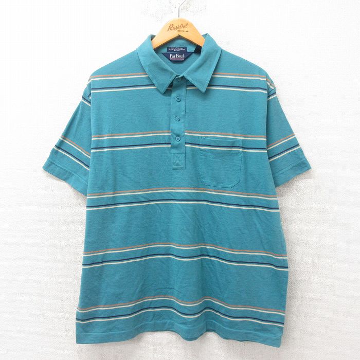 XL★古着 Par Four 半袖 ポロ シャツ メンズ 80年代 80s 大きいサイズ 青緑 ボーダー 25jun05 中古 トップス