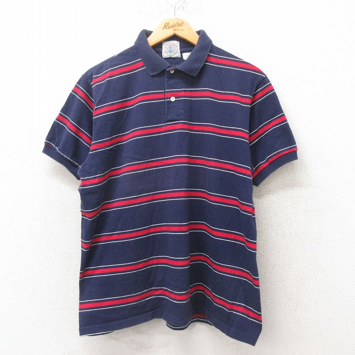 L★古着 半袖 ポロ シャツ メンズ 90年代 90s コットン USA製 紺 ネイビー ボーダー 25jun05 中古 トップス