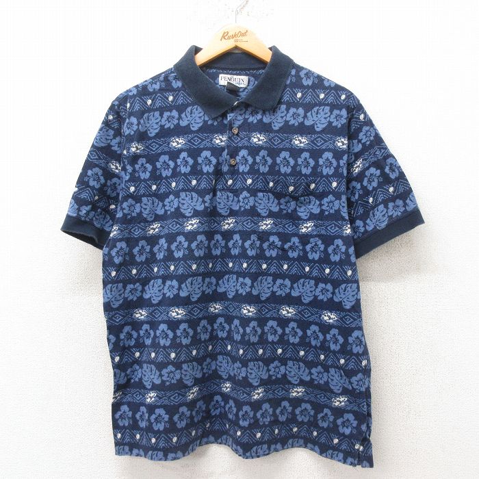 ポロ 90s 半袖ポロシャツ ハイビスカス ネイビー L | 古着